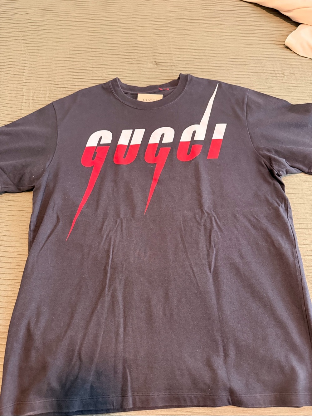 Gucci Black Tee with Red and White Slashed Logo